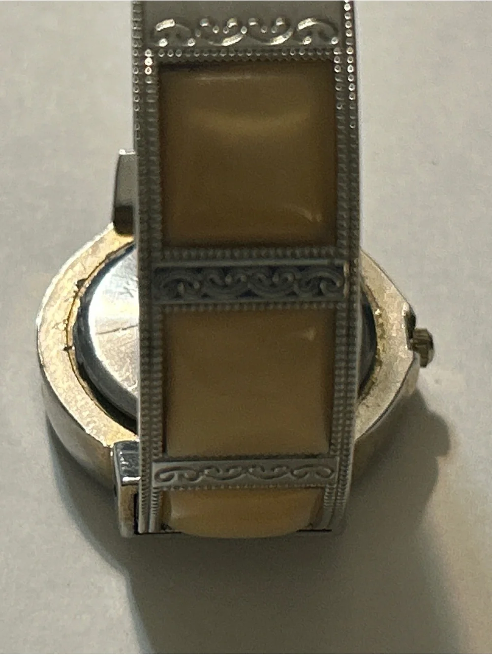 Working Studio Time Cream Enamel Rhinestone Halo Hinged Cuff Watch Y2K